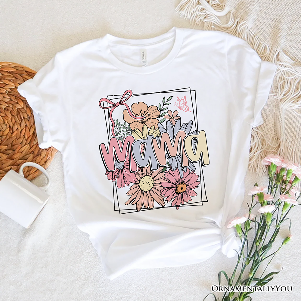 Floral Mama Coquette Bow Pastel T-Shirt, White and Natural Boho Tee With Spring Flower