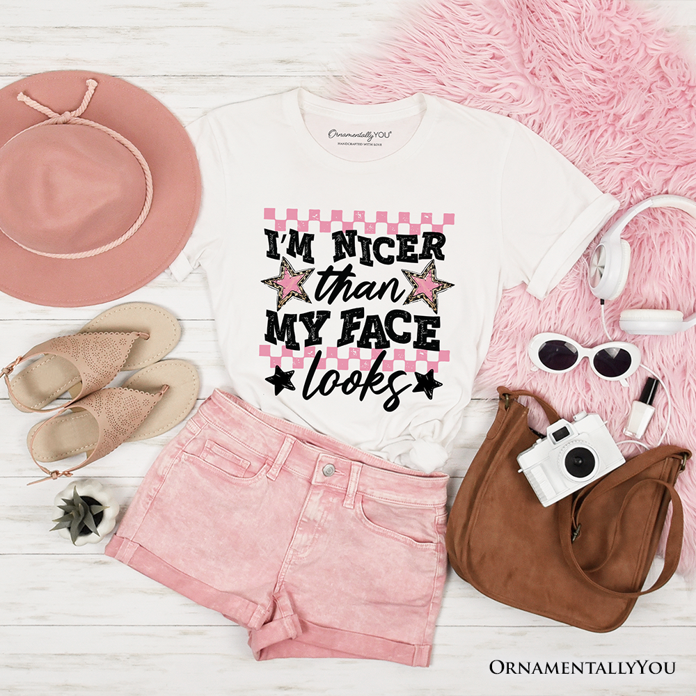 I’m Nicer Than My Face Looks Sarcastic T-Shirt, Relatable Checkered Tee