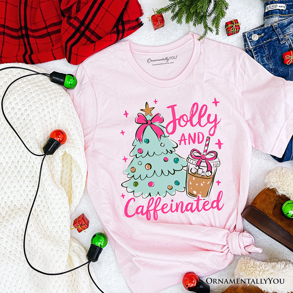 Jolly and Caffeinated Christmas Tree T-Shirt, Retro Coquette Coffee Holiday Tee