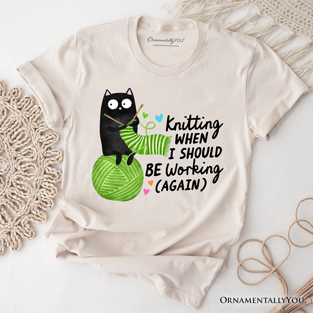 Knitting Black Cat Cute T-Shirt, Funny Working Crafter Phrase Tee