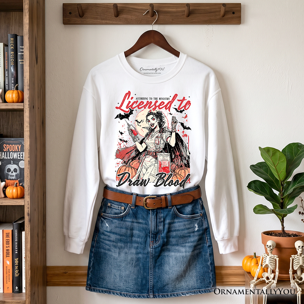 Licensed to Draw Blood Halloween Nurse Sweatshirt, Groovy Sweater for Spooky Season