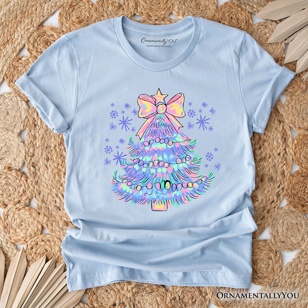 Light Blue Christmas Tree Bow T-Shirt, Coquette Colorful Holiday Tee