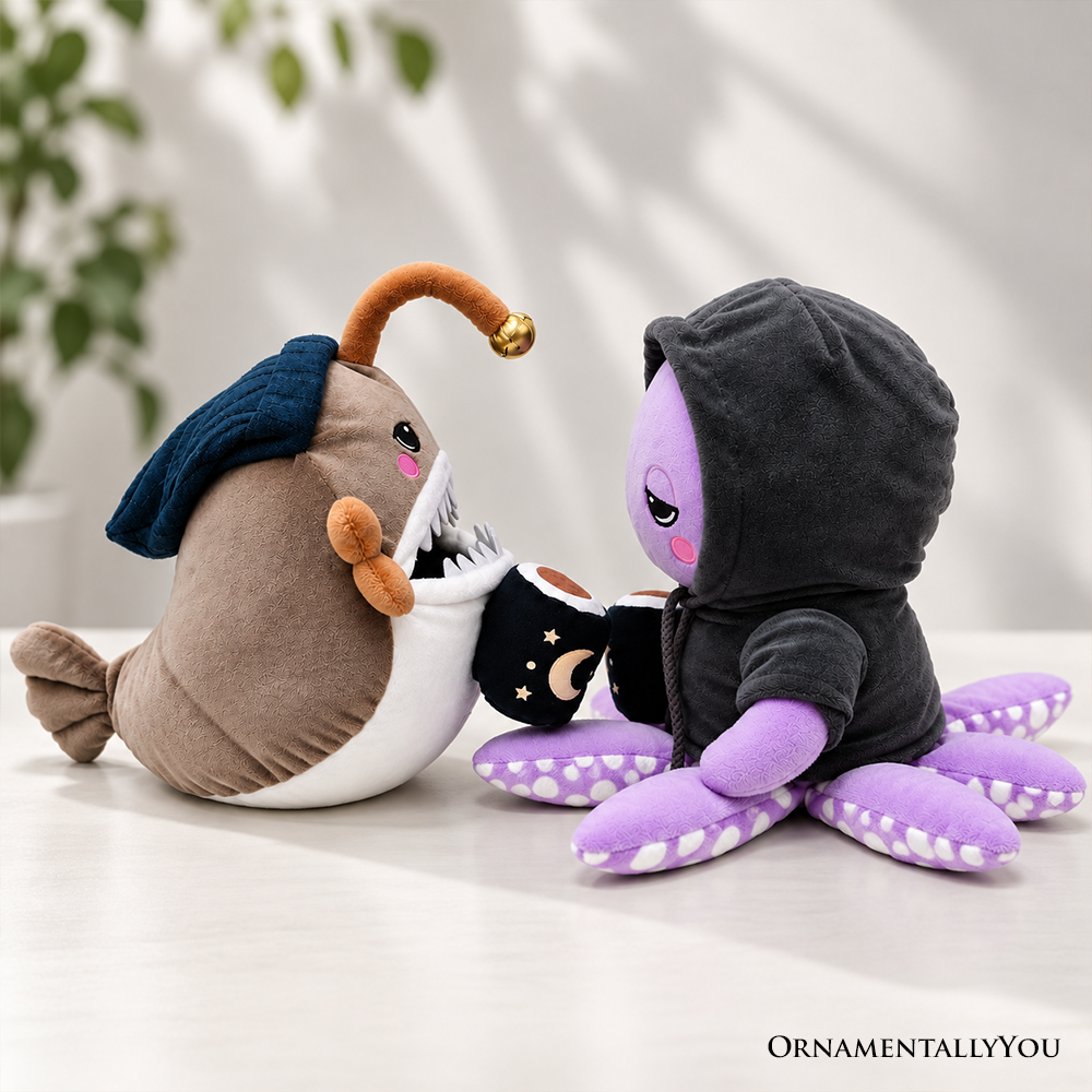 Lumi Anglerfish and Inky Octopus Plush Set, 9.7" Deep Sea Stuffed Animal Friends with Cocoa Mugs