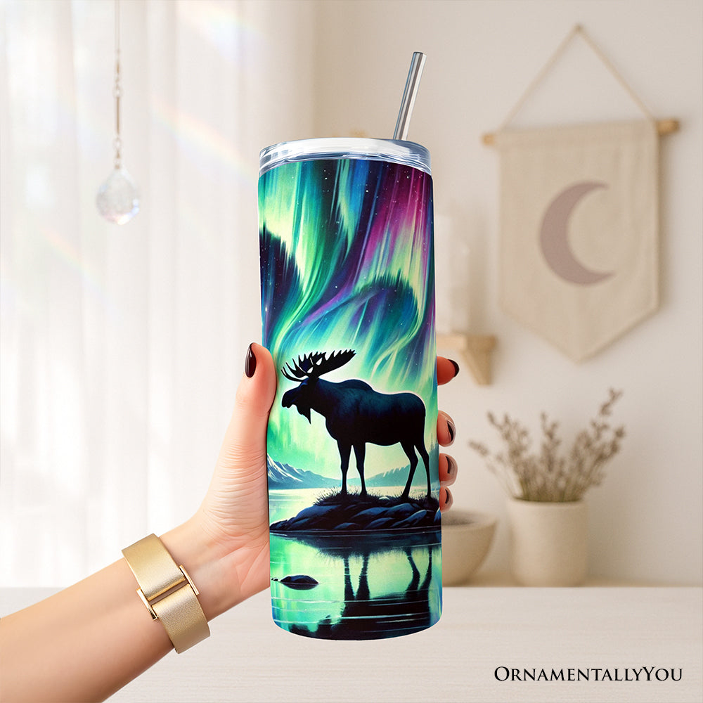 Majestic Moose Under Northern Lights 20oz Personalized Tumbler With Lid and Stainless Steel Straw