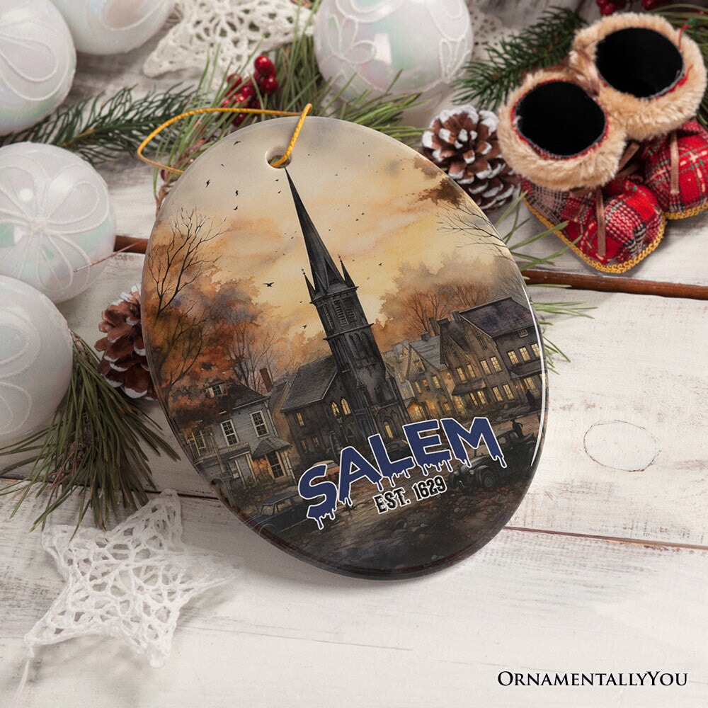 Mysterious Salem Watercolor Fall Art Ornament, Massachusetts Souvenir and Gift