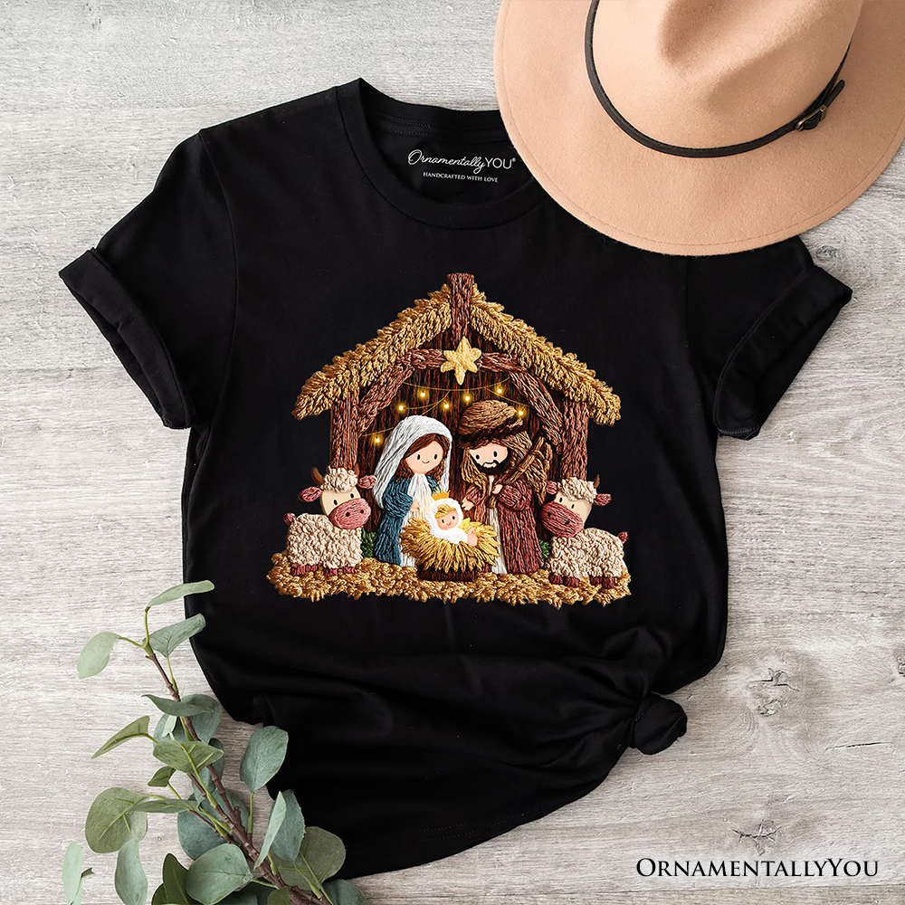 Nativity Holy Family Jesus Christmas T-Shirt, Imitation Latch Hook Yarn Cozy Christian Tee