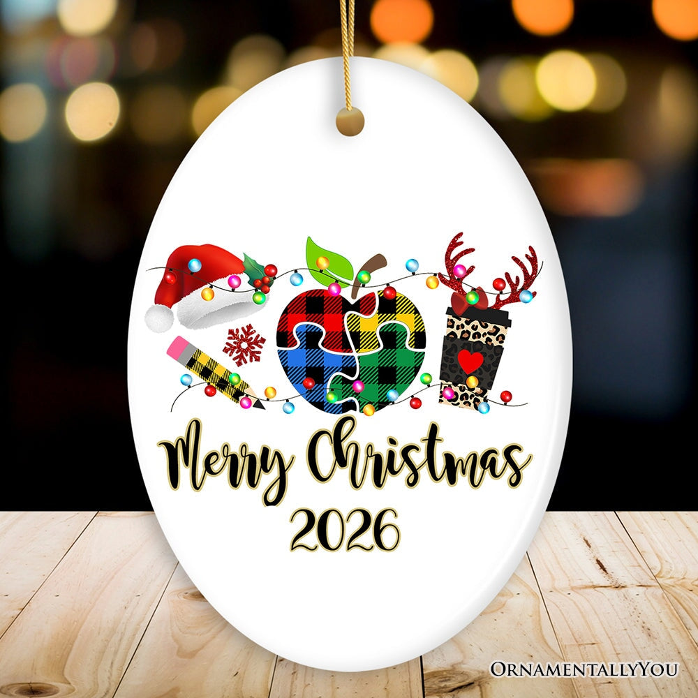 Personalized Autism Teacher Buffalo Plaid Leopard Merry Christmas Ornament, Thank You Gift
