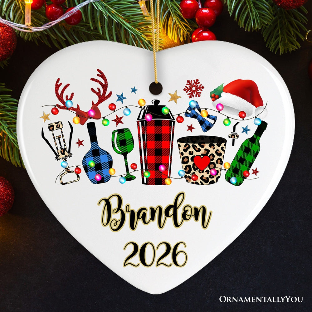 Personalized Bartender Buffalo Plaid Leopard Merry Christmas Ornament Gift
