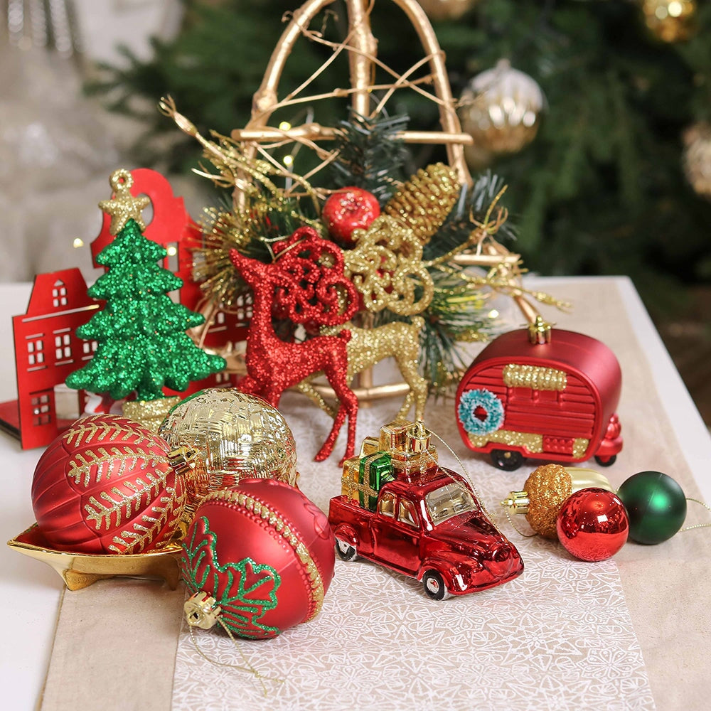 Vogue Black and Gold Ornament Set, Stylish Tree Set of 16 Glittery Baubles