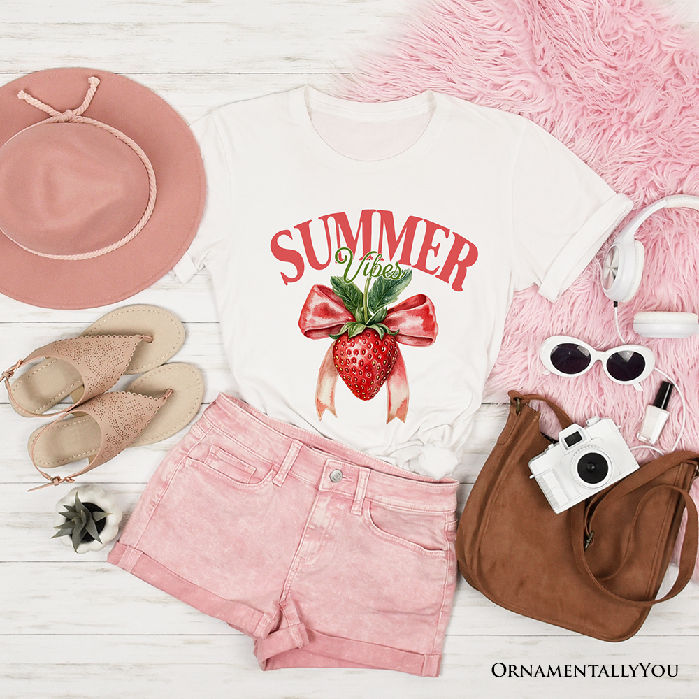 Summer Vibes Strawberry T-Shirt, White, Natural and Navy Seasonal Tee with Coquette Style