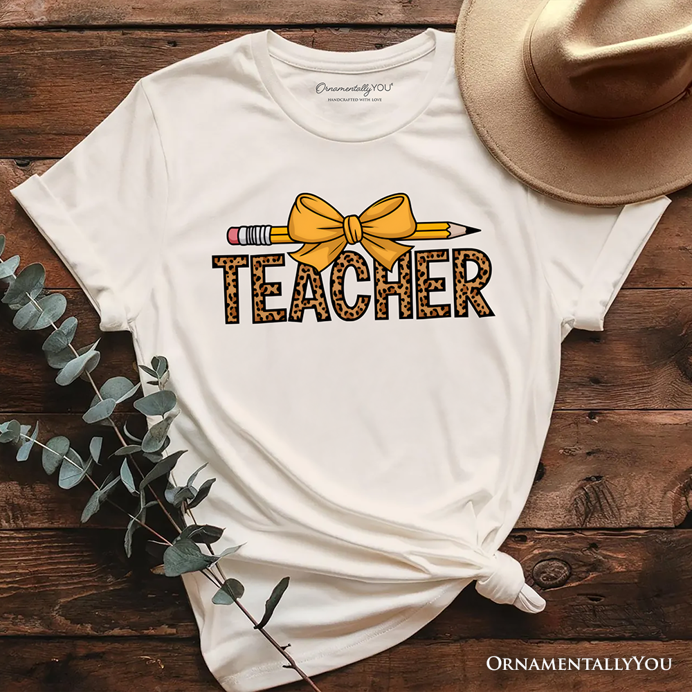 Teacher Leopard Pencil T-Shirt, Coquette Bow Retro Classroom Tee for Educators
