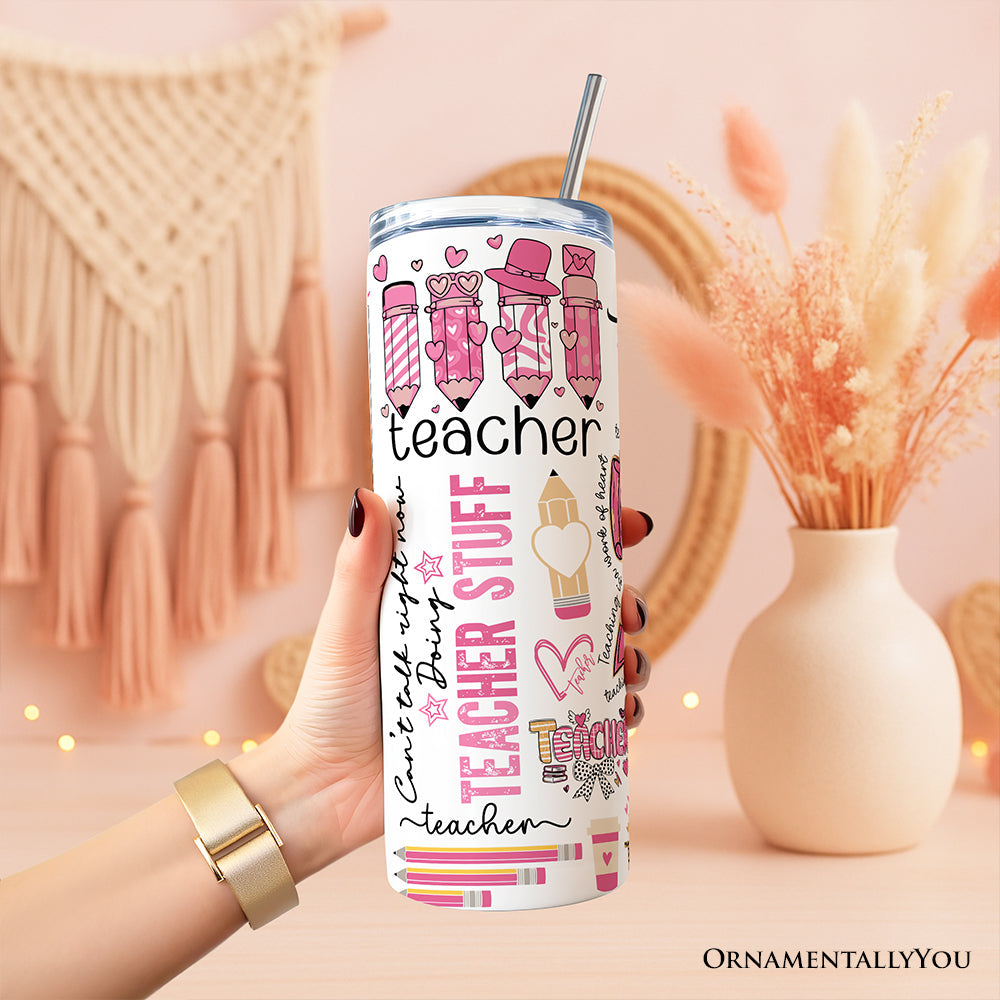 Teacher Life Pink 3D Inflated 20oz tPersonalized Tumbler With Lid and Stainless Steel Straw, Educator Appreciation Gift Cup