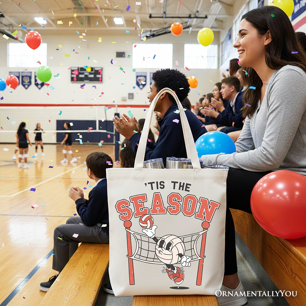 Tis the Season Volleyball Canvas Tote Bag, Retro Game Day Lightweight Sports Gift Bag