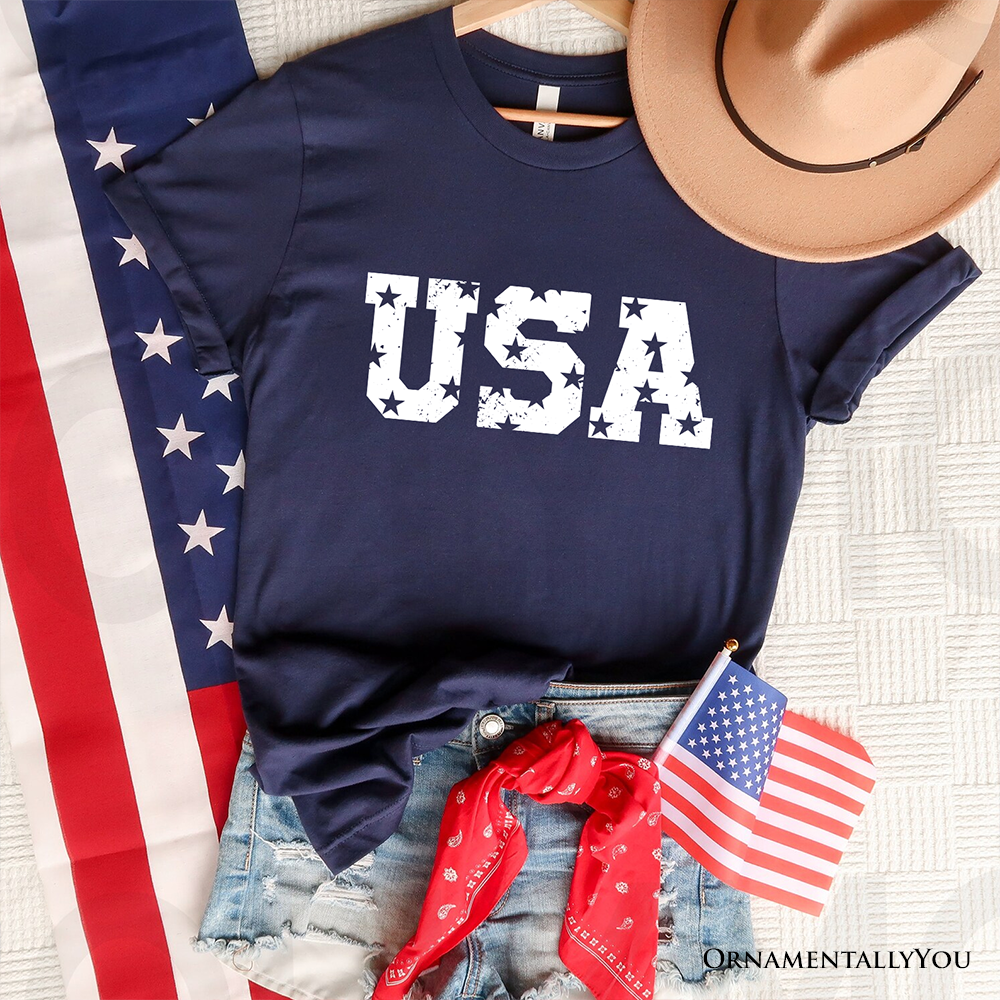 USA Block Letters T-Shirt, Vintage Patriotic Tee for Independence Day