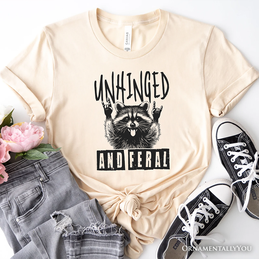 Unhinged and Feral Raccoon T-Shirt, Funny Rock Hands White and Natural Tee for Wild People