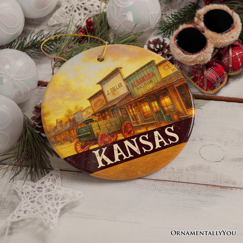 Vintage Kansas Dodge City Boot Hill Street Scene Ornament, Wild West Christmas Gift and Frontier Souvenir