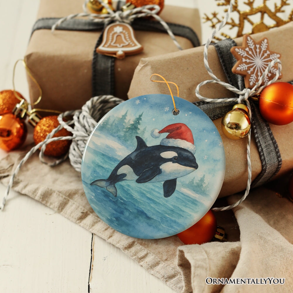 Watercolor Orca in Santa Hat Christmas Ornament, Marine Animal Holiday Keepsake and Gift