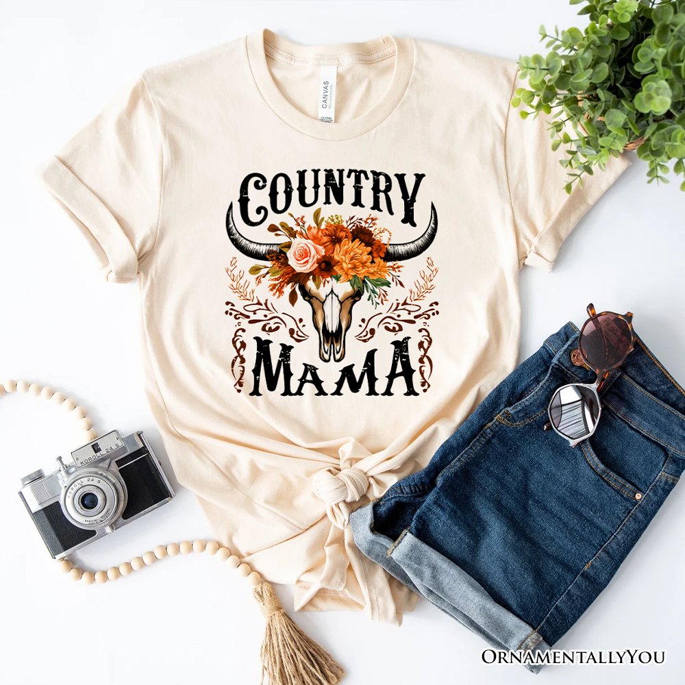 Country Mama Floral Buffalo Skull Vintage T-Shirt, Western Natural and White Women’s Tee