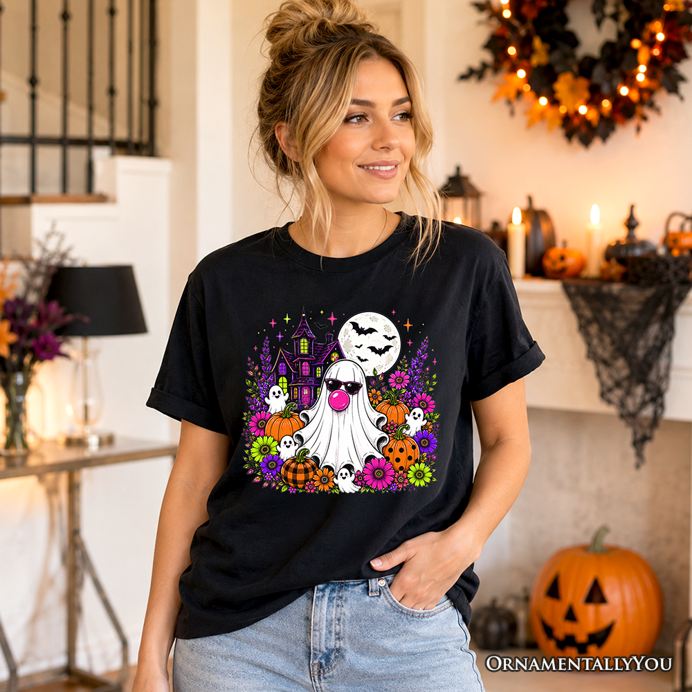Bubblegum Ghost Haunted House T-Shirt, Colorful Floral Halloween Pumpkin Tee