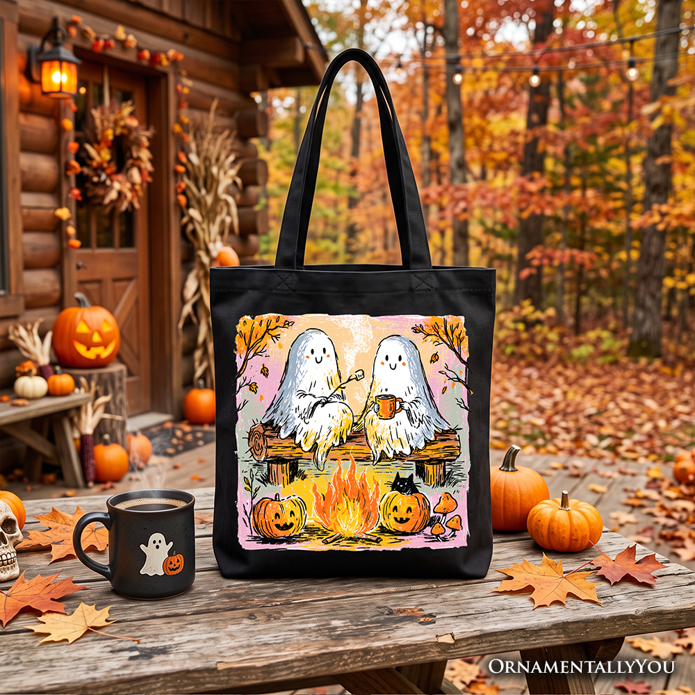 Cozy Campfire Ghosts Tote Bag, Fall Halloween Pumpkin Gift Shopper