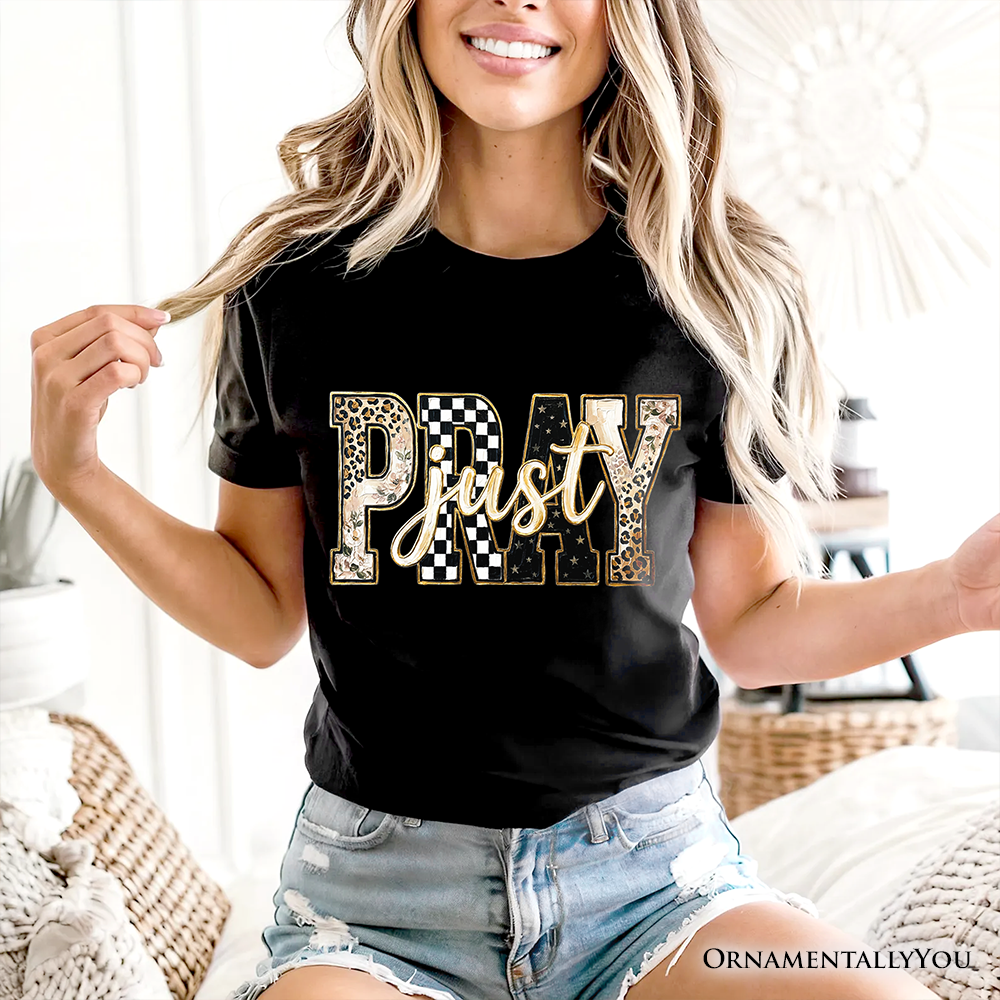 Just Pray Christian Varsity T-Shirt, Retro Leopard Checkered Faith Tee