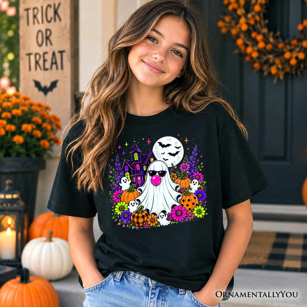 Kids Bubblegum Ghost Haunted House T-Shirt, Colorful Floral Halloween Pumpkin Youth Tee