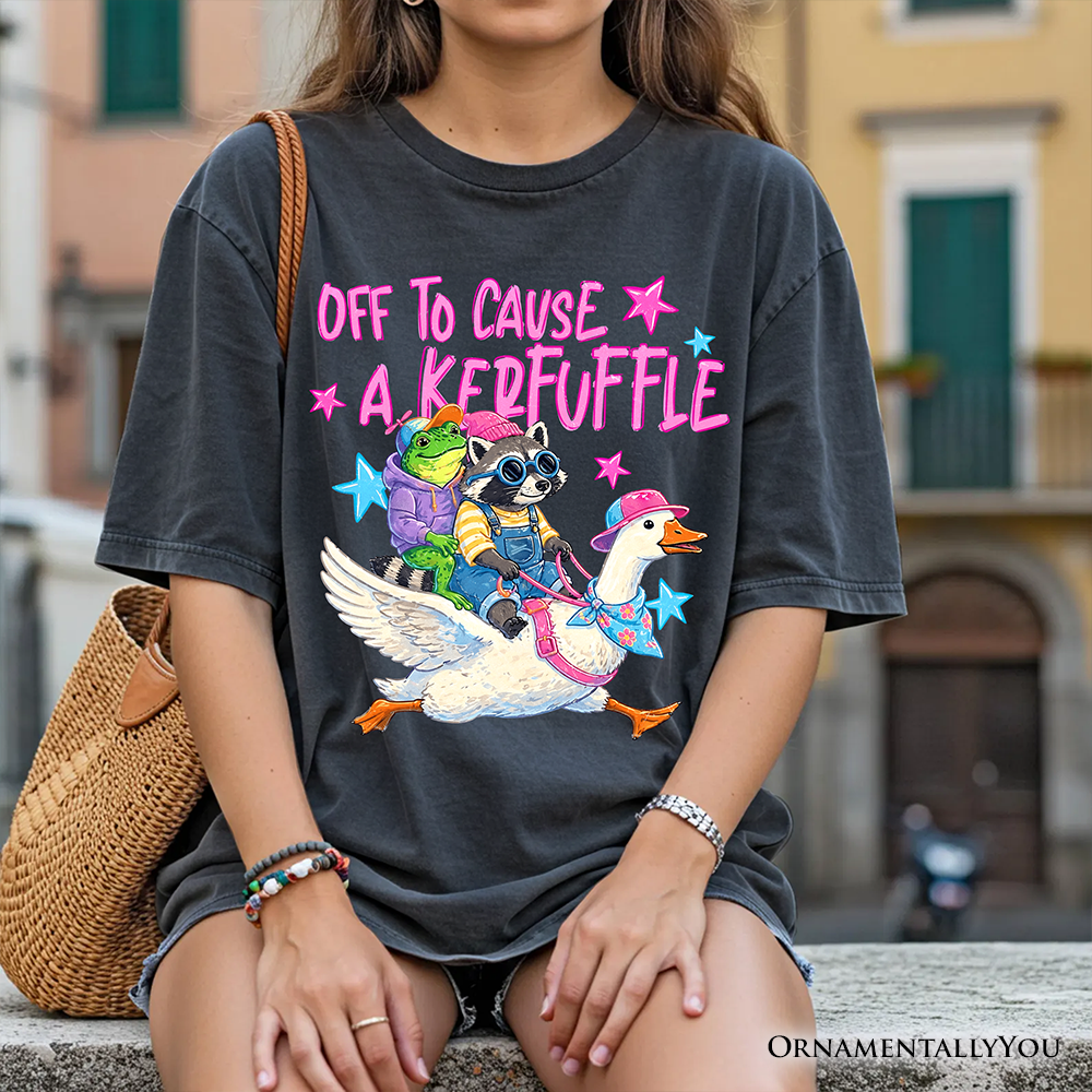 Off To Cause A Kerfuffle T-Shirt, Frog Raccoon Goose Funny Animal Tee
