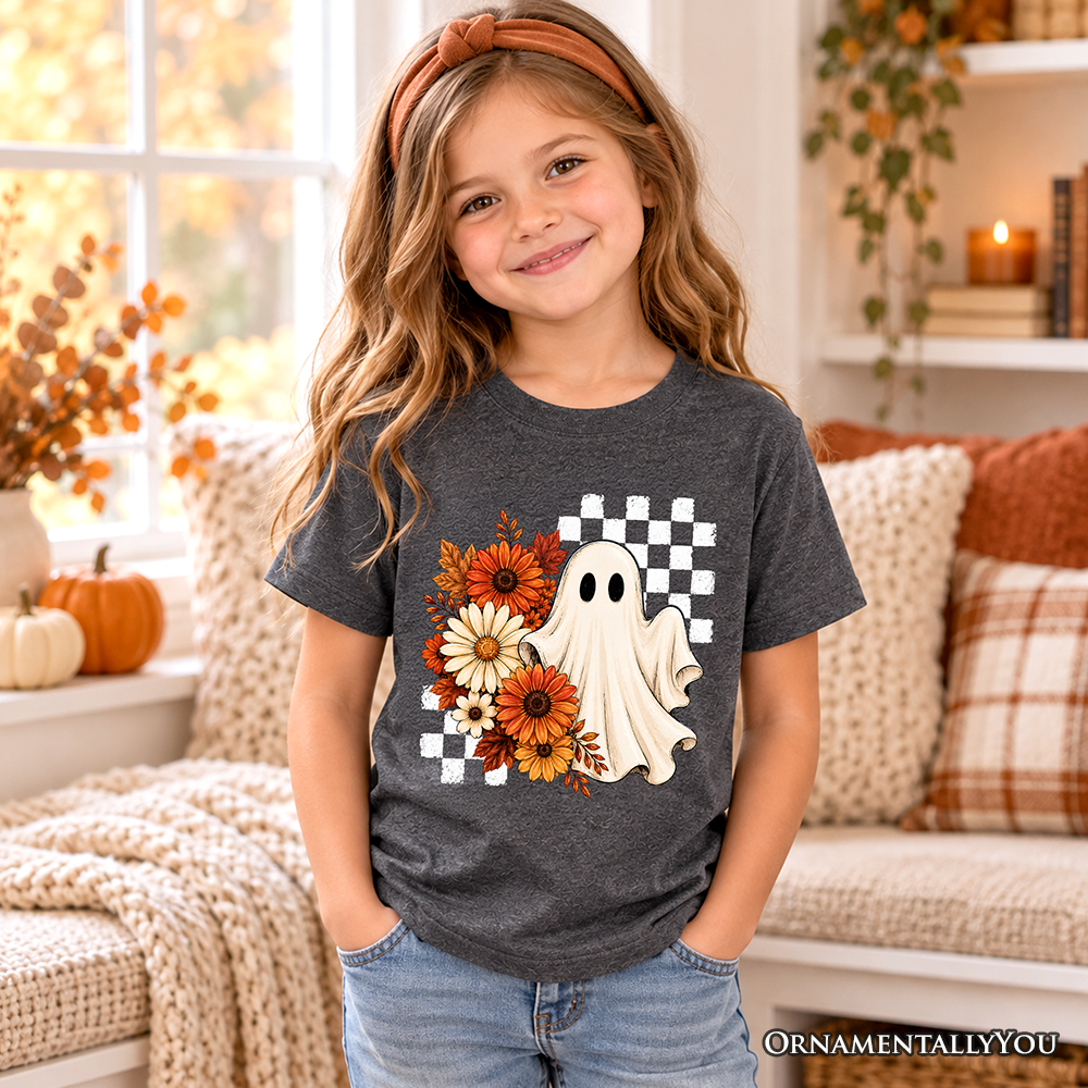 Kids Checkered Floral Ghost T-Shirt, Vintage Fall Halloween Daisy Youth Tee