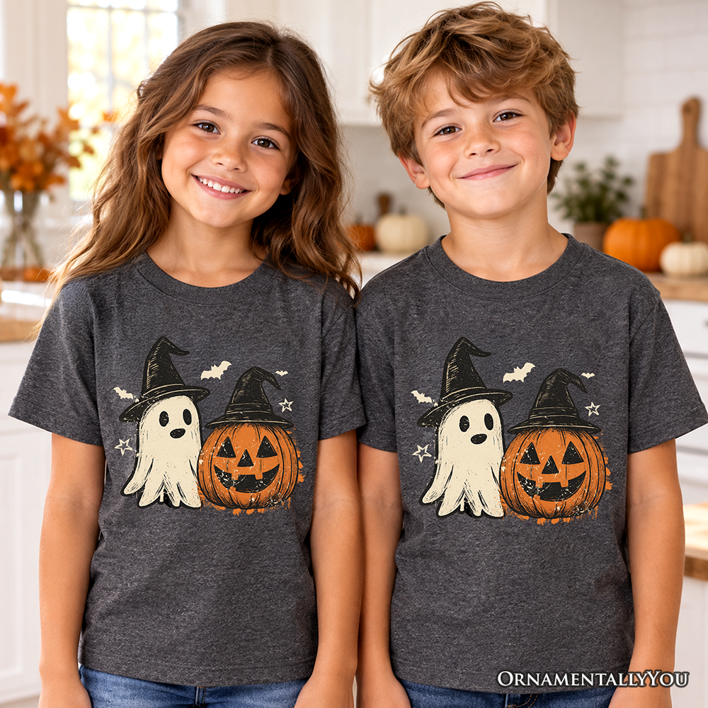Kids Witch Hat Ghost and Pumpkin T-Shirt, Vintage Halloween Jack O’ Lantern Youth Tee