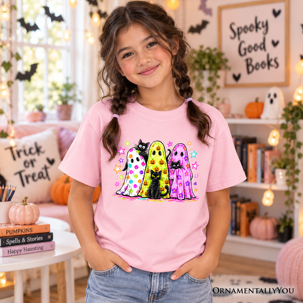 Kids Colorful Ghosts and Black Cats T-Shirt, Neon Halloween Spooky Season Youth Tee