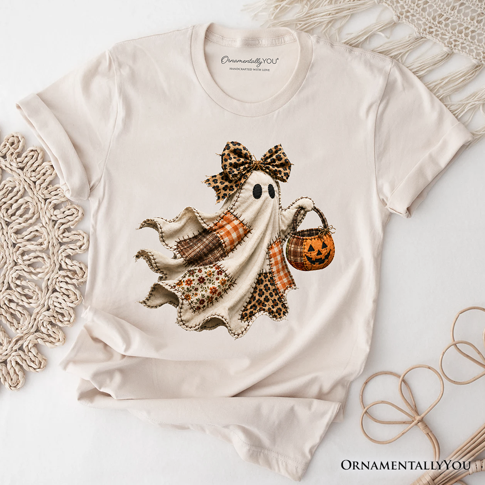 Patchwork Ghost with Leopard Bow T-Shirt, Rustic Halloween Pumpkin Trick or Treat Tee