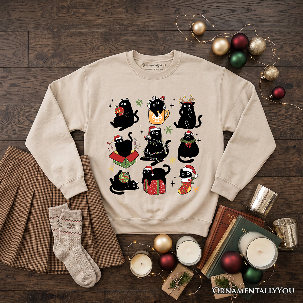 Christmas Black Cats Sweatshirt, Whimsical Cats with Santa Hat Sweater