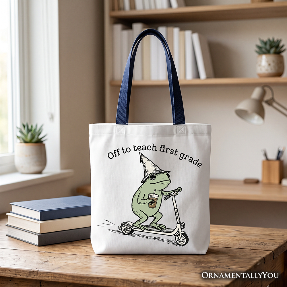 Off to Teach First Grade Frog Tote Bag, Funny Teachers Gift Shopper