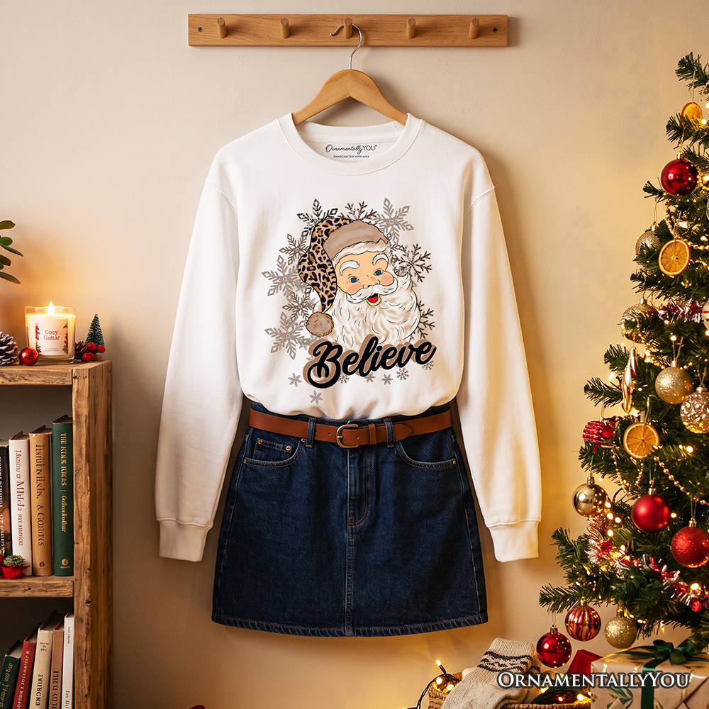 Believe Santa Cheetah Leopard Sweatshirt, Retro Christmas Sweater
