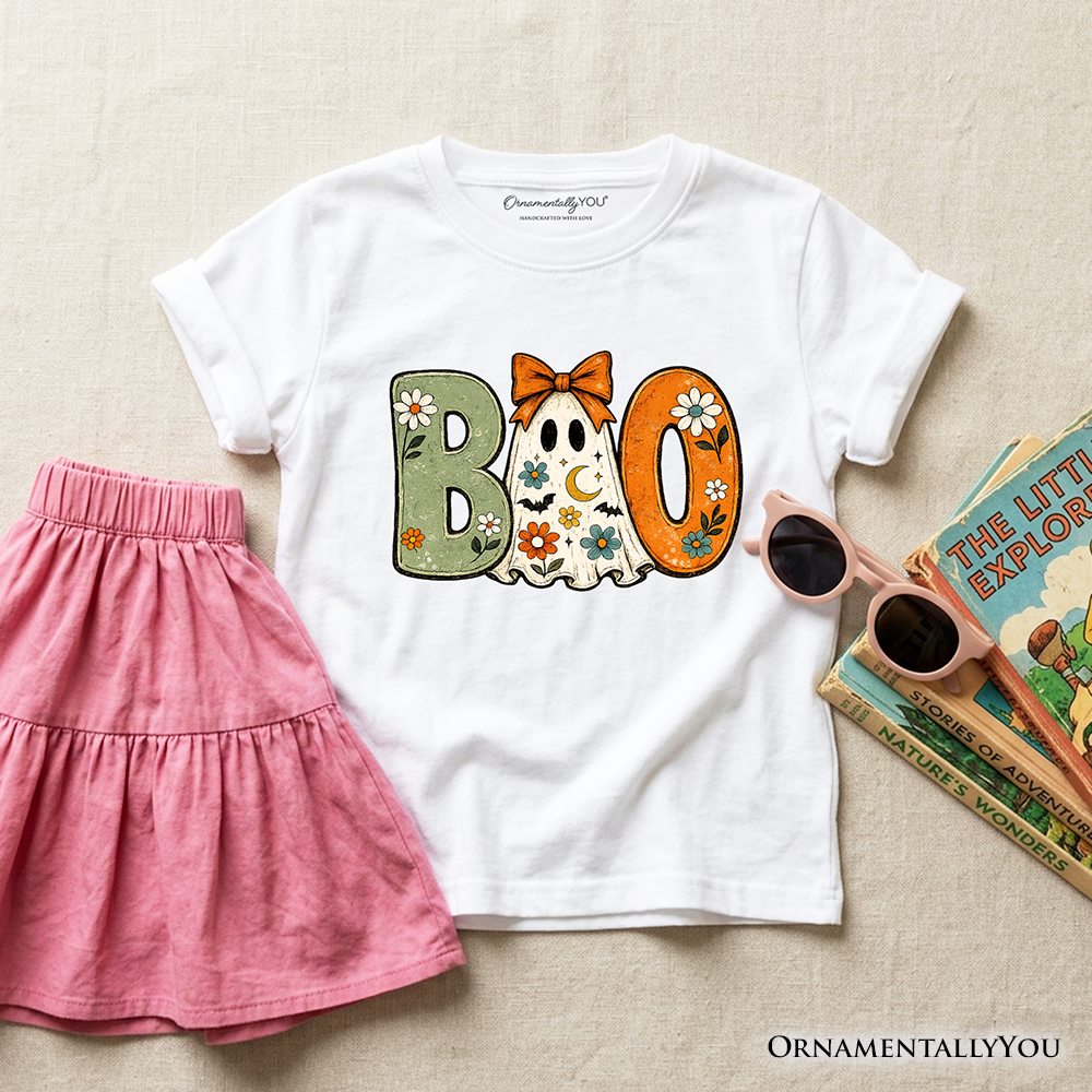Boo Floral Ghost Kids T-Shirt, Coquette Bow Halloween Tee for Youth Girls