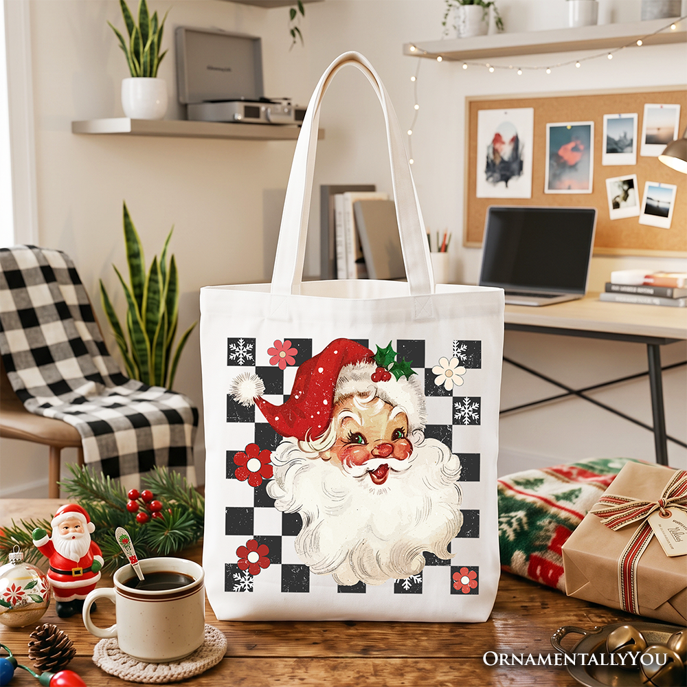 Checkered Santa Claus Vintage Tote Bag, Retro Merry Christmas Gift Shopper