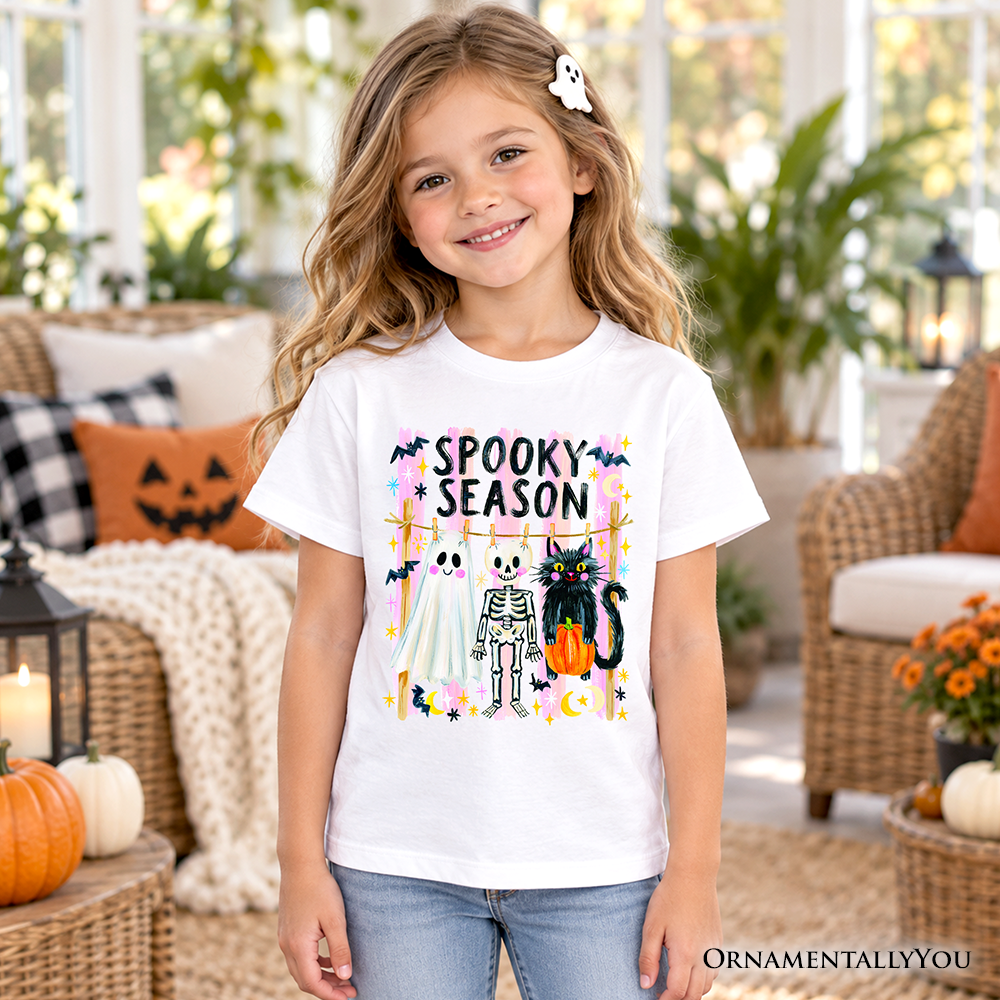 Kids Spooky Season Ghost Skeleton Cat T-Shirt, Colorful Halloween Costume Youth Tee