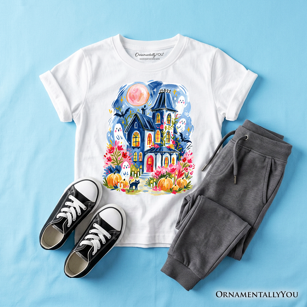 Kids Watercolor Haunted House T-Shirt, Colorful Ghost Pumpkin Halloween Youth Tee