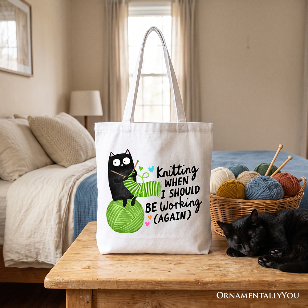 Knitting Black Cat Cute Tote Bag, Funny Working Crafter Phrase Gift Shopper