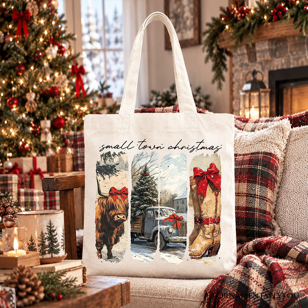 Small Town Christmas Tote Bag, Highland Cow Rustic Western Cowgirl Holiday Gift Shopper