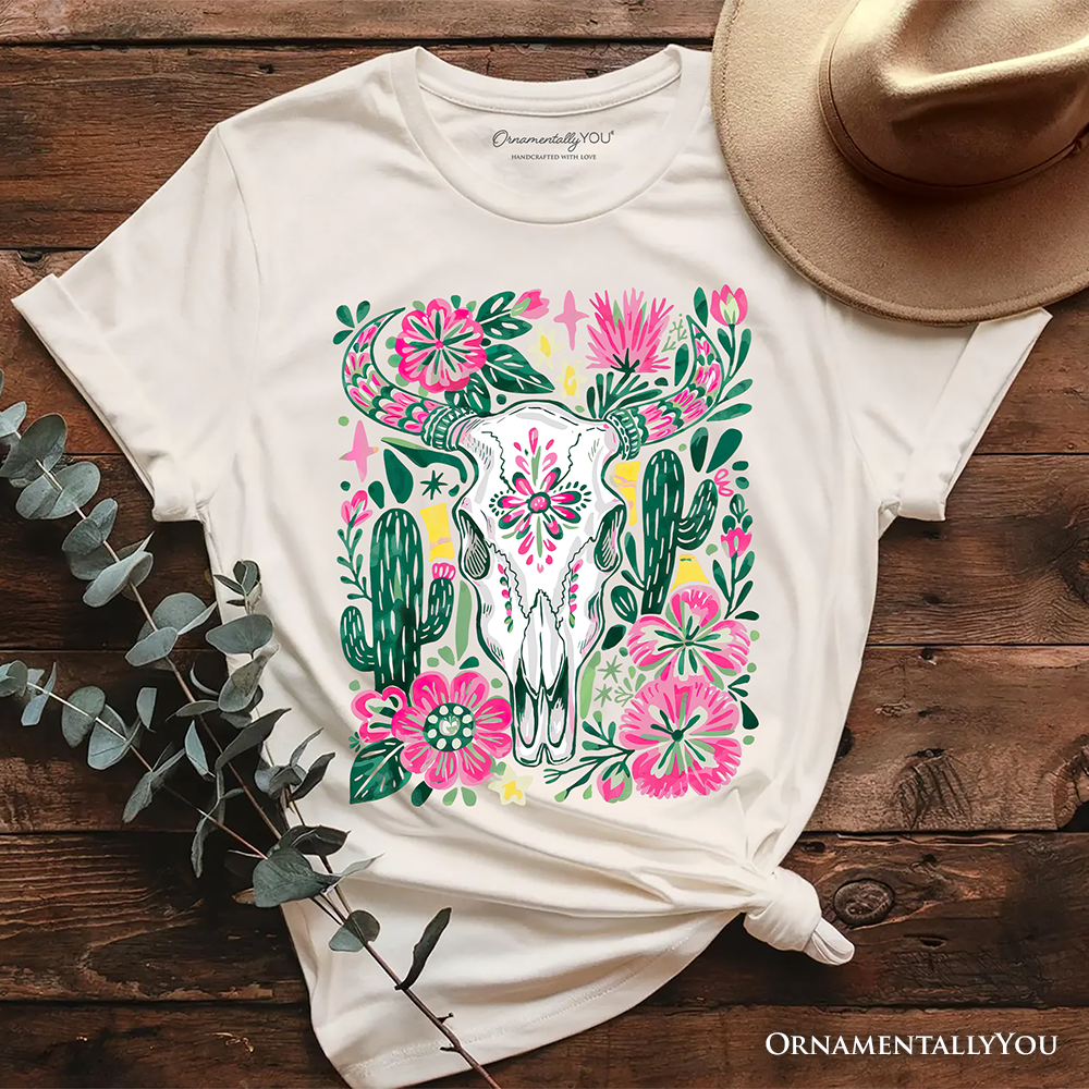 Western Floral Cow Skull T-Shirt, Boho Cowgirl Wildflower Cactus Tee
