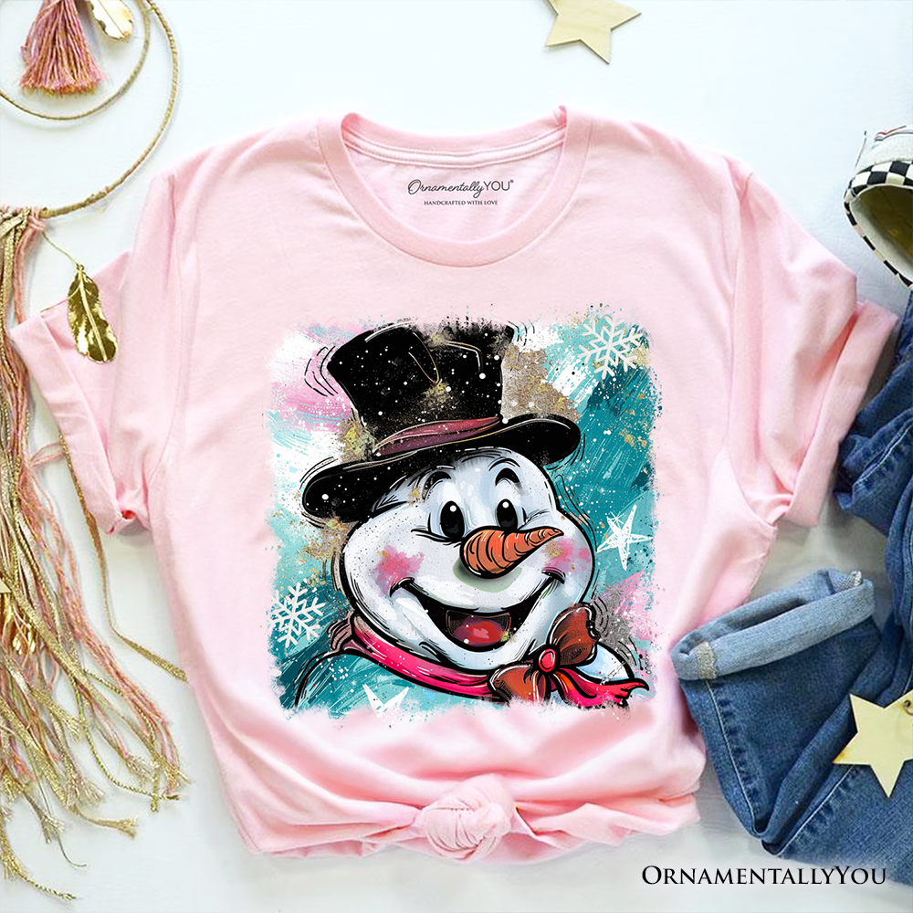 Brushstroke Cute Snowman T-Shirt, Preppy Merry Christmas Glitter Holiday Tee