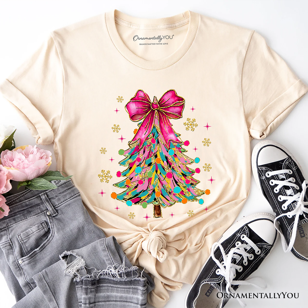 Colorful Glitter Christmas Tree Pink Bow T-Shirt, Pink Bow Coquette Holiday Tee