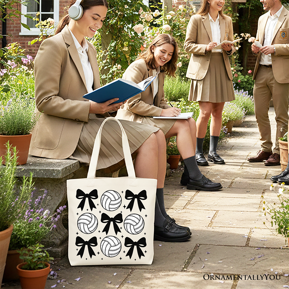 Coquette Volleyball Bows Canvas Tote Bag, Cute Athletic Sports Game Day Gift Shopper