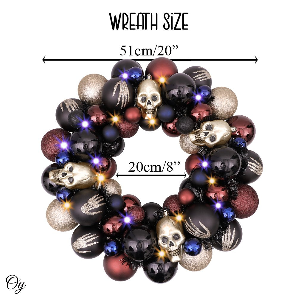 Creep and Glitter Spooky Wreath with Skeleton Skull Baubles, Black, Maroon and Gold Colors with Shiny Glitter