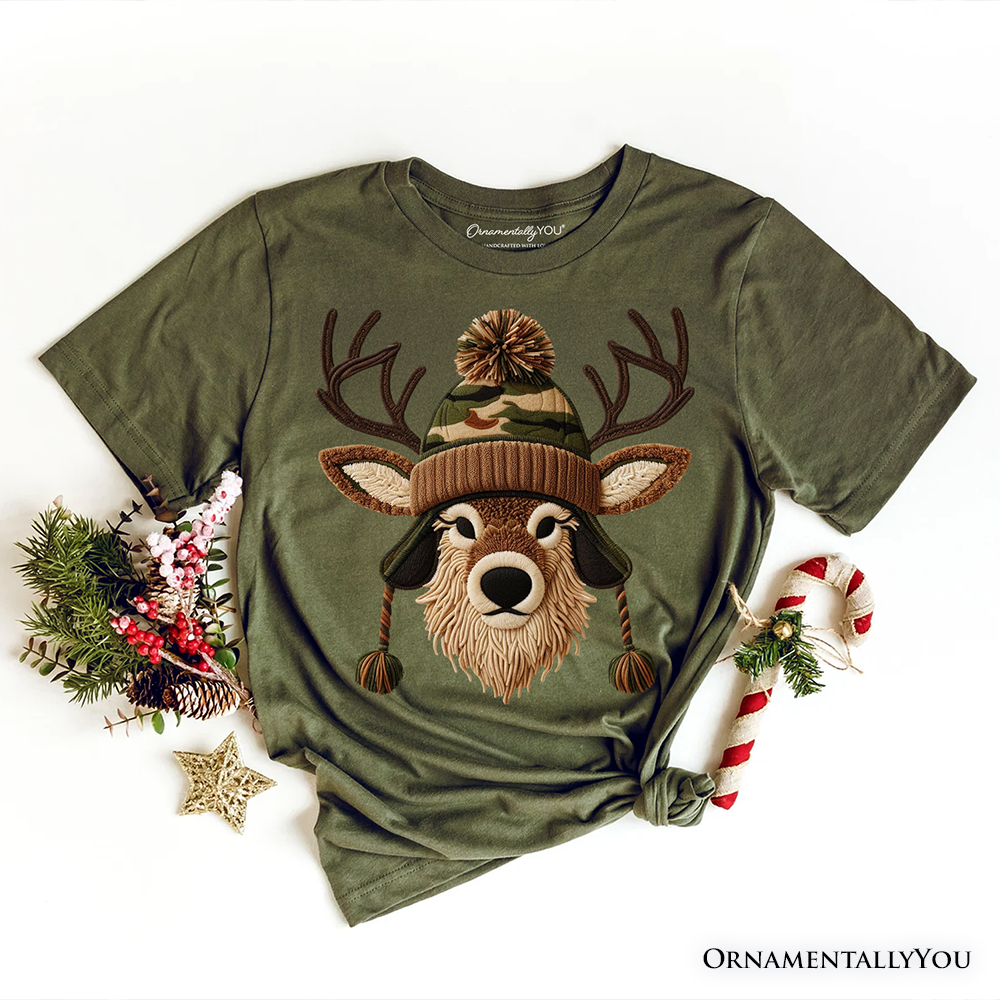 Deer Head Camo Hat Christmas T-Shirt, Imitation Latch Hook Yarn Cozy Hunting Season Tee