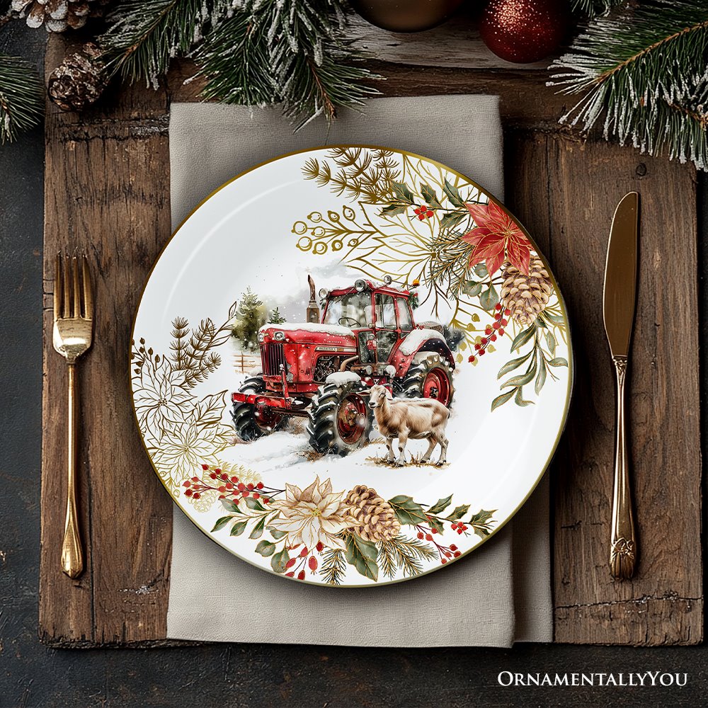Decor Steals Special - Farmhouse Christmas Set of 4 Plates with Real Gold Elements, Holiday Tableware Collection for Salad, Dessert, Appetizer, and Side Plates