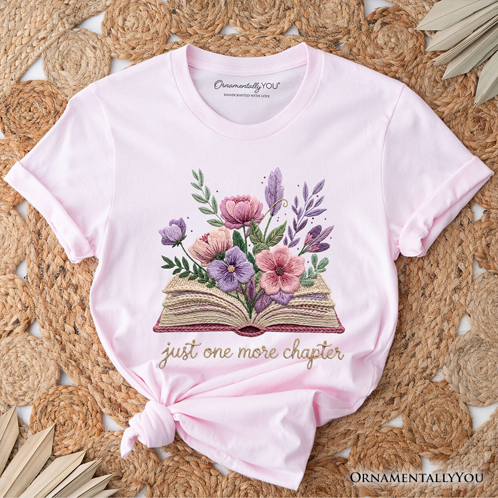 Floral Book Printed Faux Yarn Crochet T-Shirt, Just One More Chapter Bookworm Tee