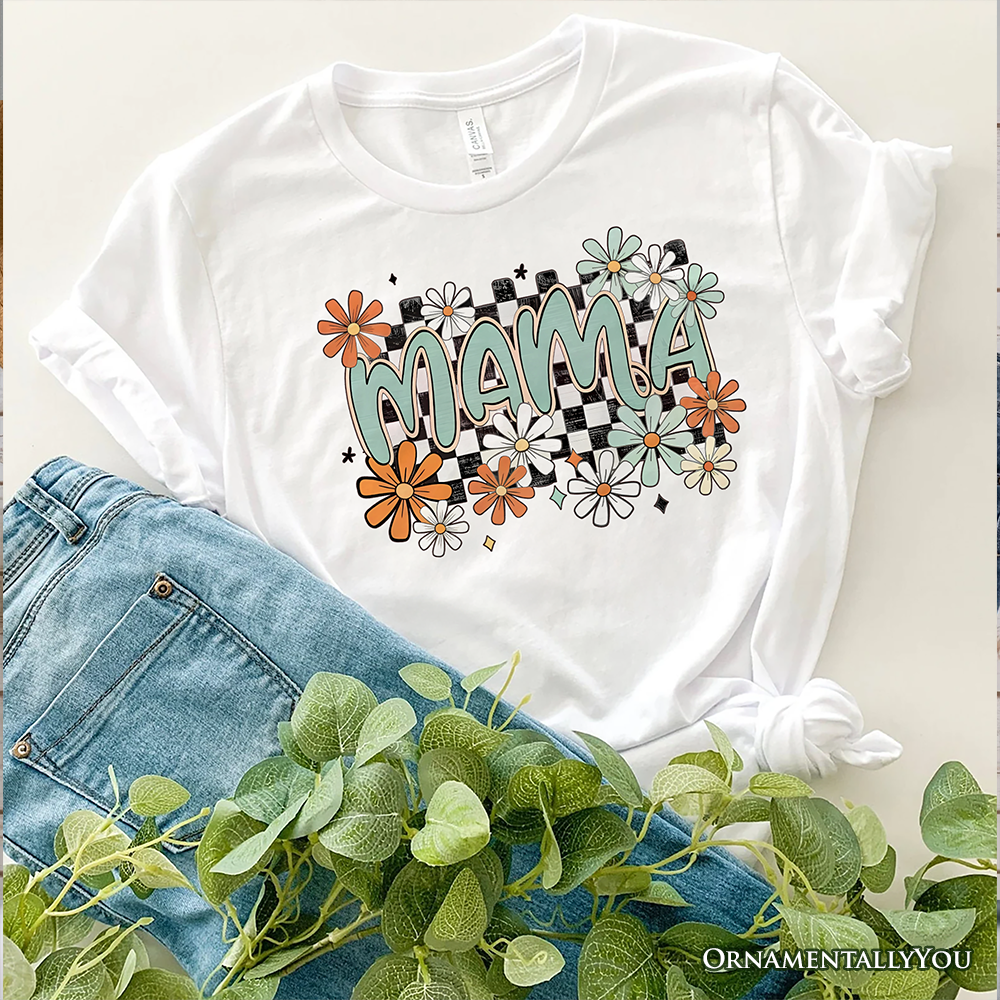 Floral Mama Checkered T-Shirt, White, Natural and Black Retro Tee for Stylish Mothers