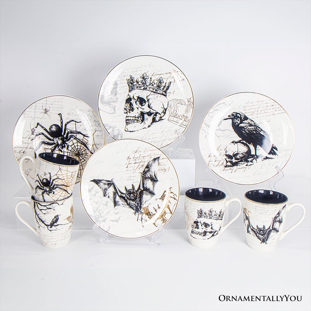 Gothic Elegance Set of 4 Plates with Real Gold Trim, Halloween Tableware Collection for Salad, Dessert, Appetizer, and Side Plates